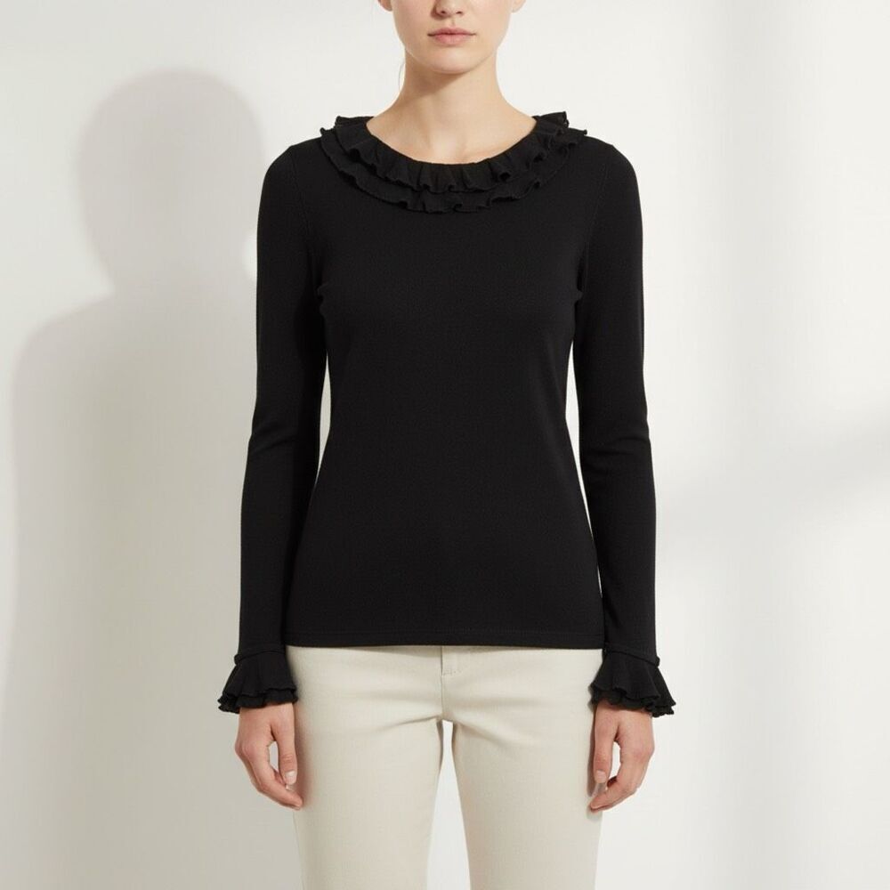 Harold's L Black Long Sleeve Silk Ruffle Blouse Romantic Preppy Evening Classic
